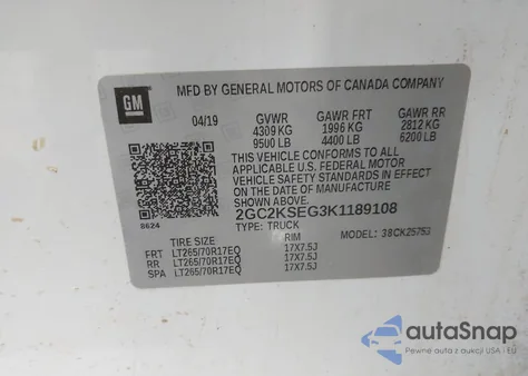 2019 Chevrolet Silverado 2500Hd Lt из США, поврежденный, VIN 2GC2KSEG3K1189108